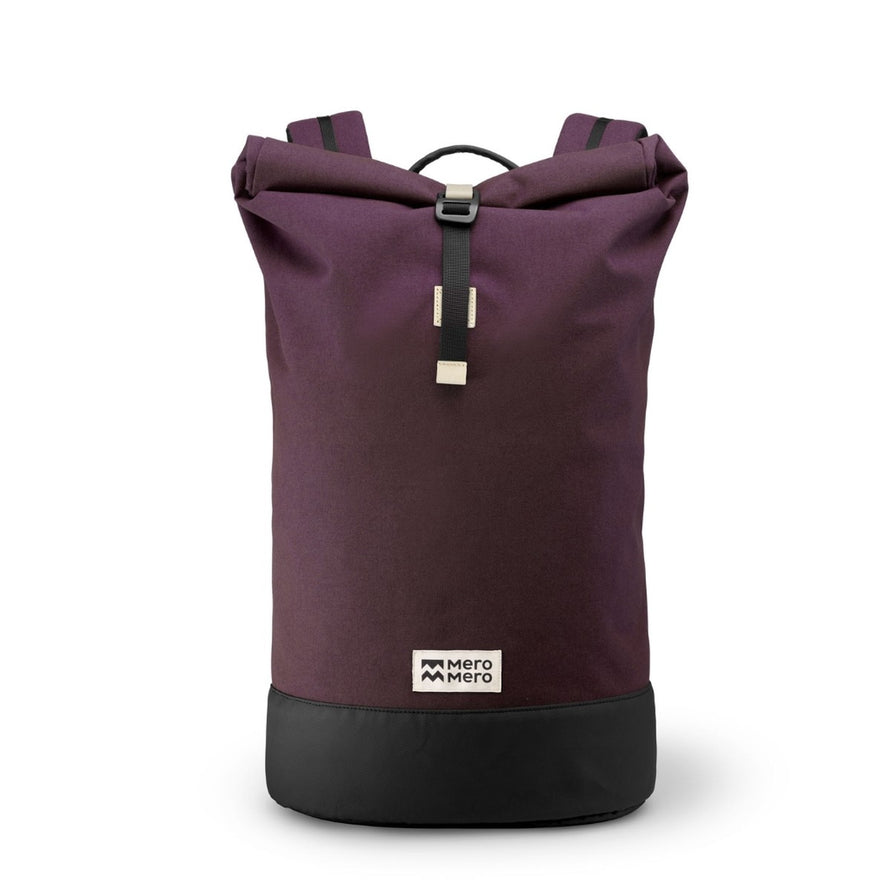 Sac à dos roll-top MeroMero Squamish V3 violet avec base noire, élégant et fonctionnel pour cyclistes urbains