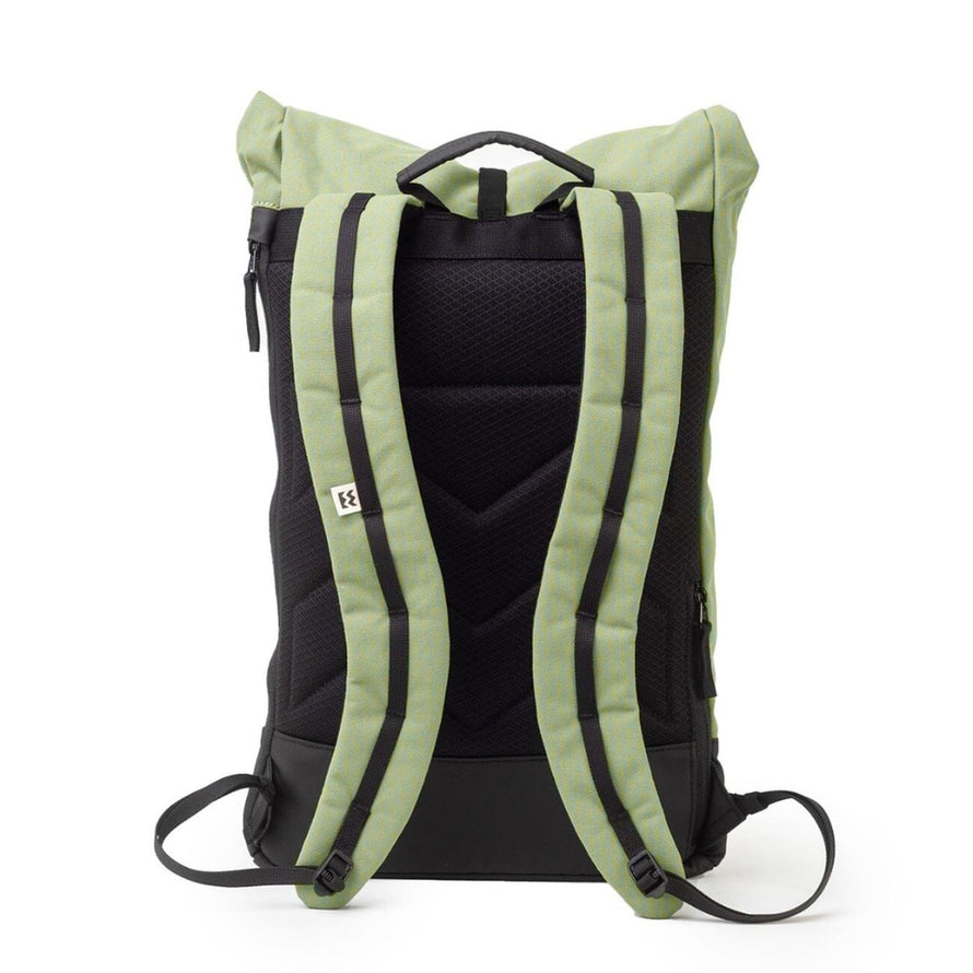 Vue dos sac a dos roll-top imperméable MeroMero Wanaka vert kaki et noir pour cyclistes urbains