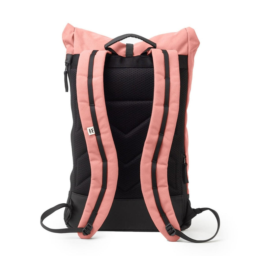 Sac a dos imperméable roll-top MeroMero Wanaka rose vue dos avec bretelles rembourrées pour cyclistes urbains