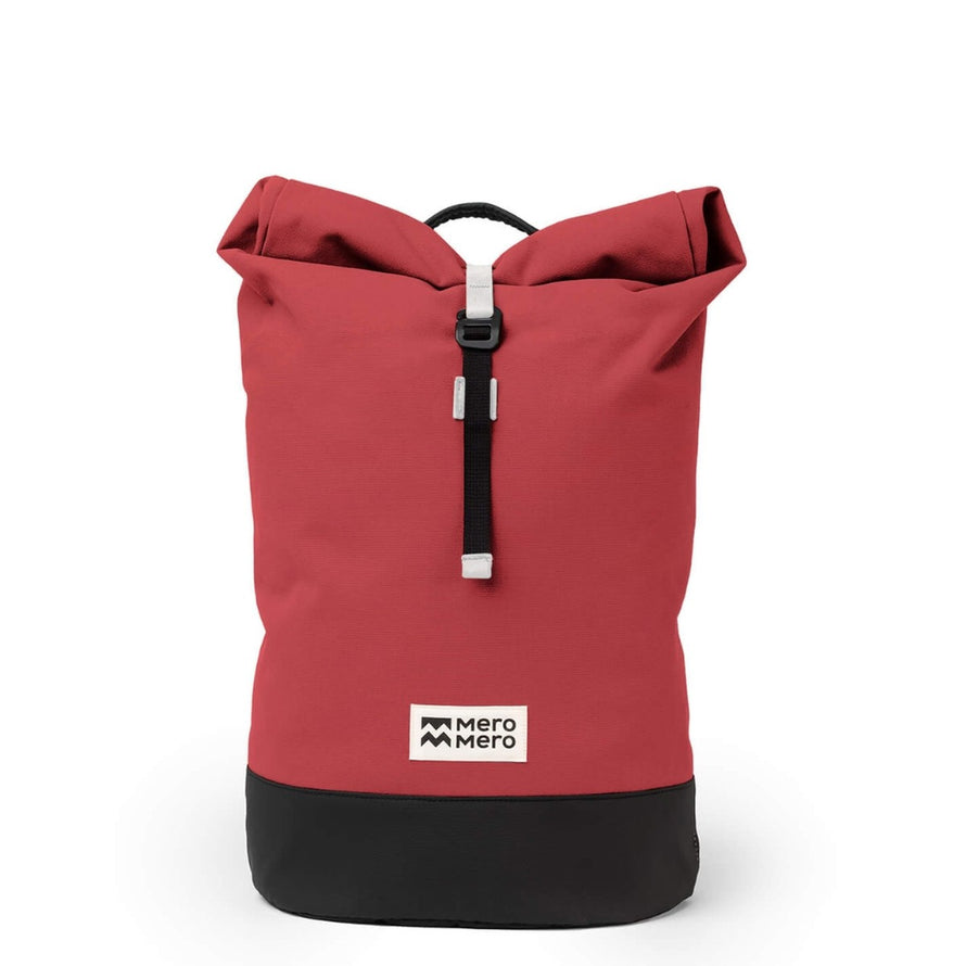 Sac a dos imperméable roll-top MeroMero Wanaka rouge foncé et noir, parfait pour cyclistes urbains