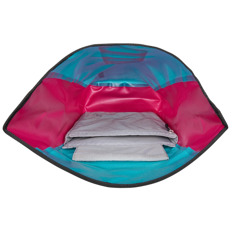 Interieur du sac a dos velo etanche Ortlieb Velocity Lite 23L en bleu et rose avec compartiment organise