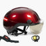 Casque Overade Life rouge avec visiere, clignotants LED et frein stop pour securite active du cycliste