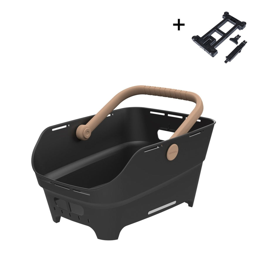 Panier Basil Cento Neo noir avec poignée taupe et accessoires de fixation, pratique pour vélo urbain