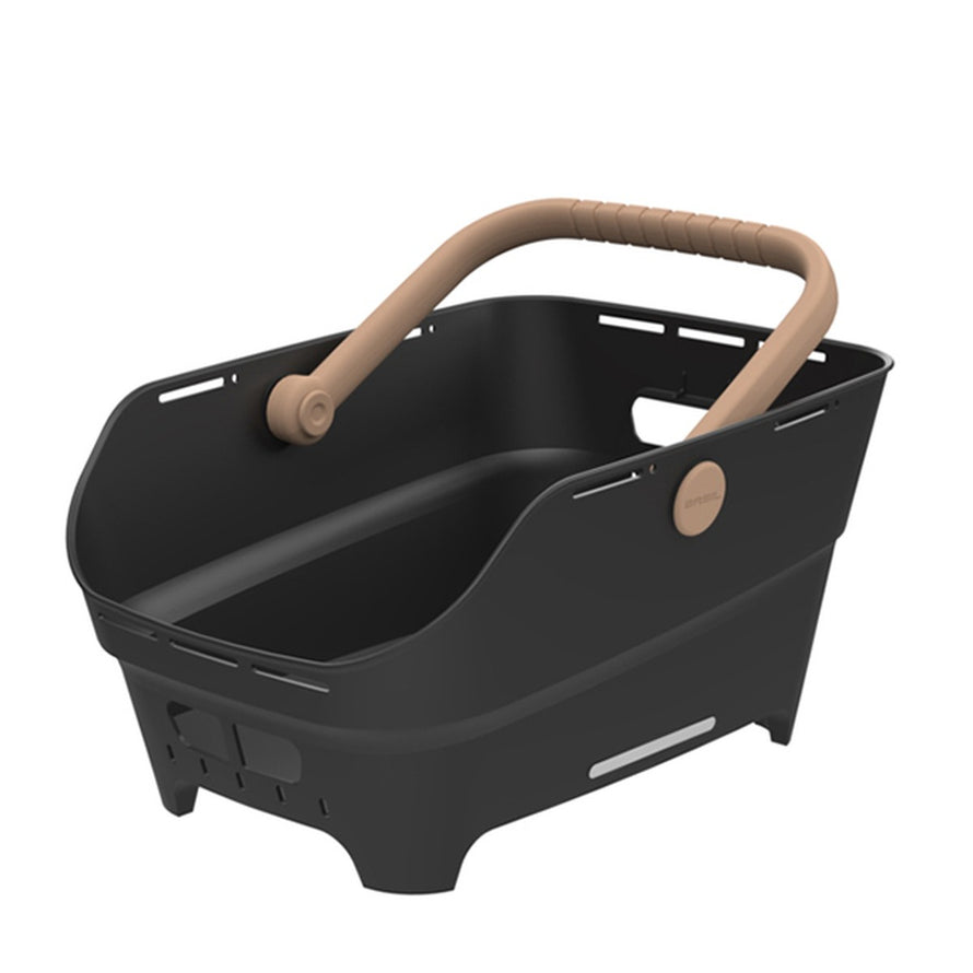 Panier Basil Cento Neo noir avec poignée taupe ergonomique, idéal pour transporter vos affaires en vélo urbain