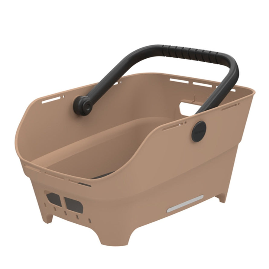 Panier Basil Cento Neo taupe avec poignée ergonomique, idéal pour transporter vos affaires en vélo urbain