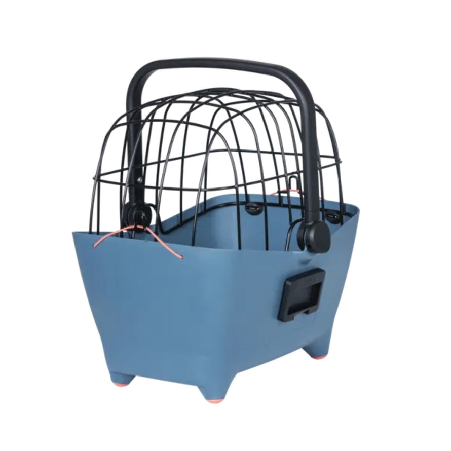 Panier avant vélo Basil Buddy KF en denim bleu avec cage noire, capacité 5 kg pour transporter chien en sécurité