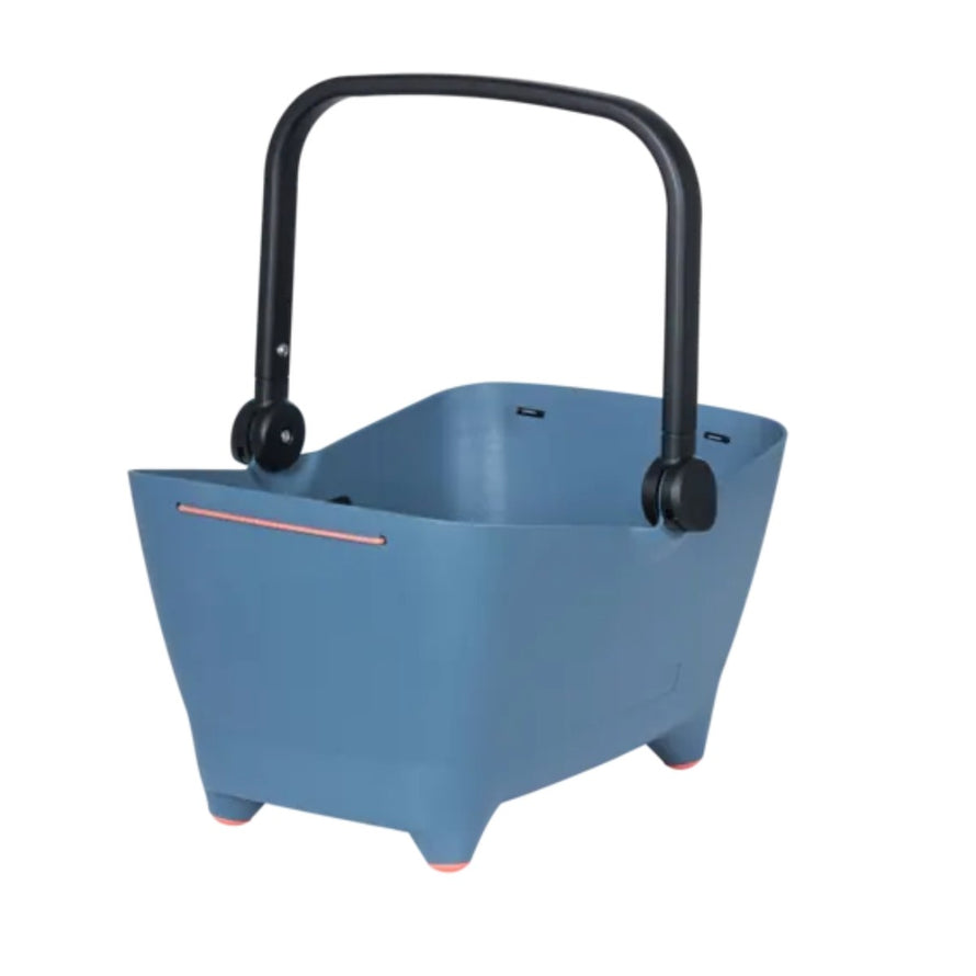 Panier vélo avant Basil Buddy KF en denim bleu avec poignée pliable, capacité 5 kg pour transporter chien en toute sécurité