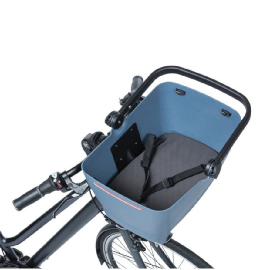 Panier vélo avant Basil Buddy KF en denim bleu avec poignée ergonomique pour transporter chien jusqu'à 5 kg en sécurité