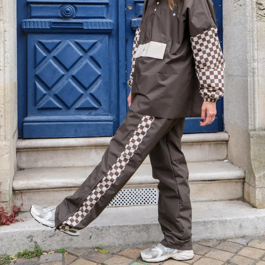 Pantalon de pluie vélo pour adulte Poule Party damier kaki