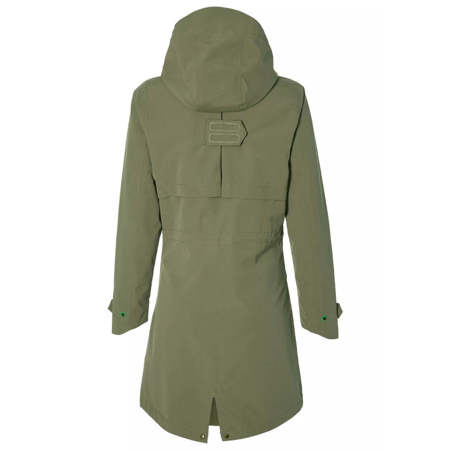 Dos de la parka pluie Mosse Basil pour femme en vert olive avec capuche et coupe ajustée