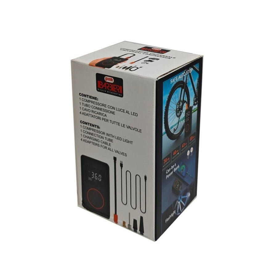 Pompe électrique compacte Barbieri PNK avec écran digital et accessoires pour tous types de valves vélo