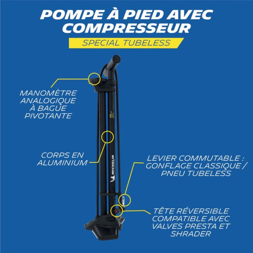 Pompe a pied Michelin Air Tank Tubeless avec compresseur et tete reversible pour valves Presta et Shrader
