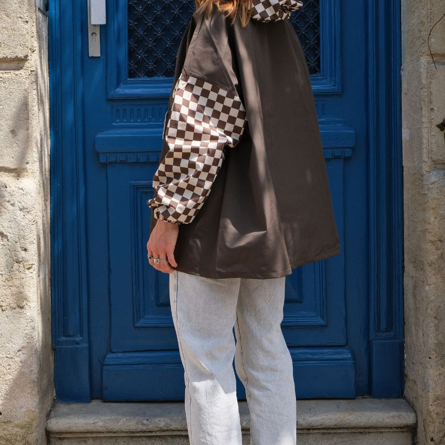 Poncho de pluie court Poule Party adulte  Damier Kaki vélo deperlant recyclé urbain ville pratique capuche style original 