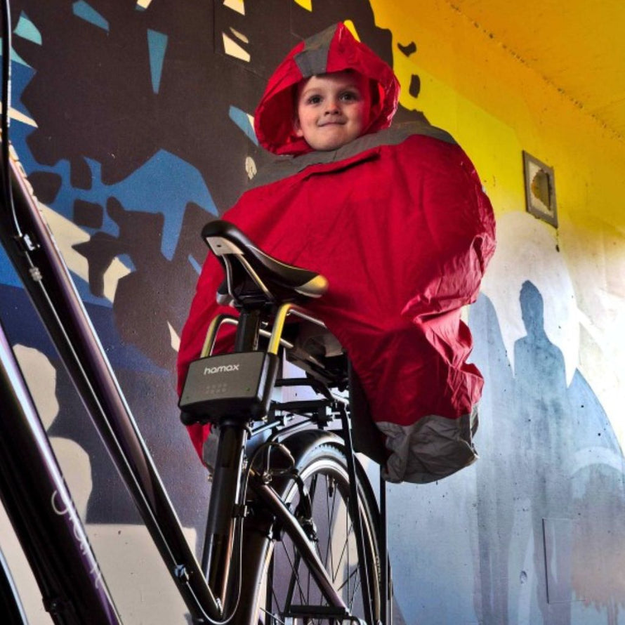 Poncho de pluie rouge pour enfant sur porte-bébé vélo R FLECT