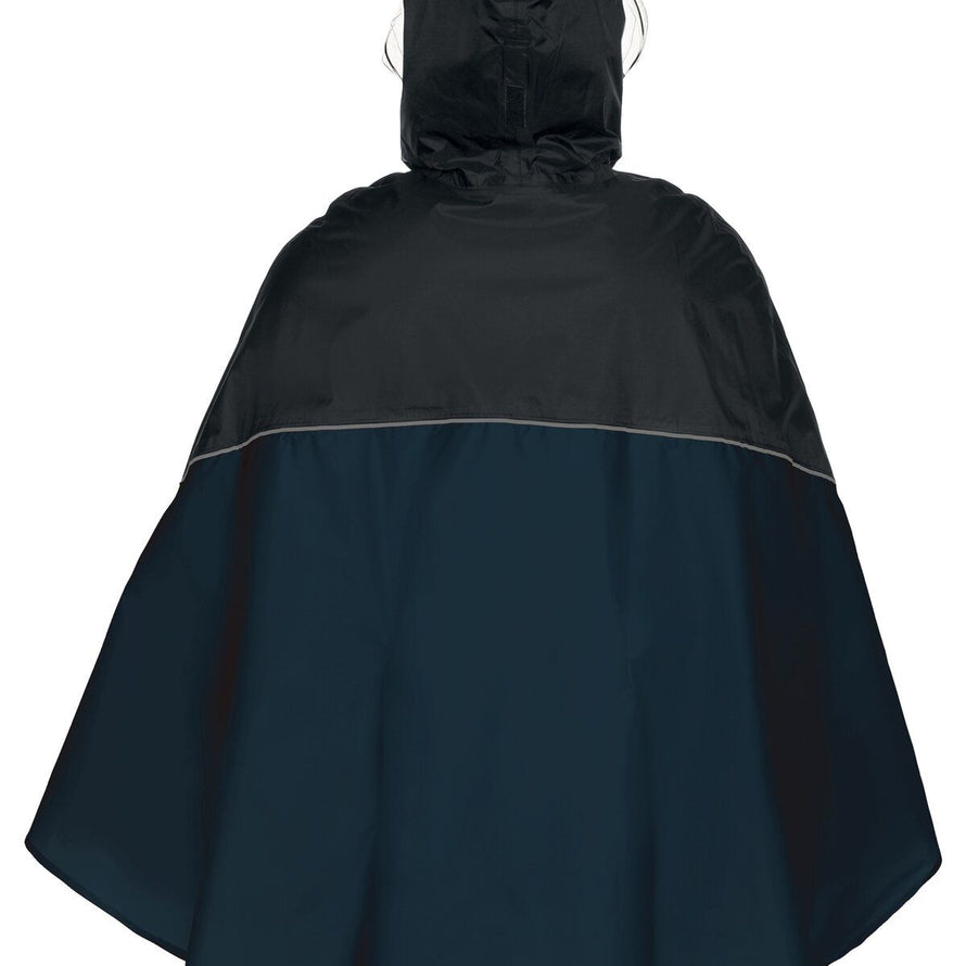 Vue arrière du poncho de pluie vélo Vaude Covero II bleu marine et noir avec liseré réfléchissant