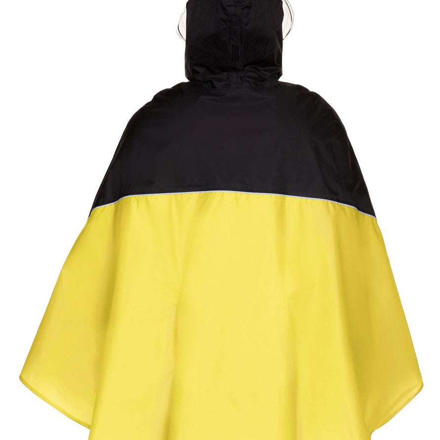 Vue arrière du poncho de pluie vélo Vaude Covero II jaune et noir avec liseré réfléchissant