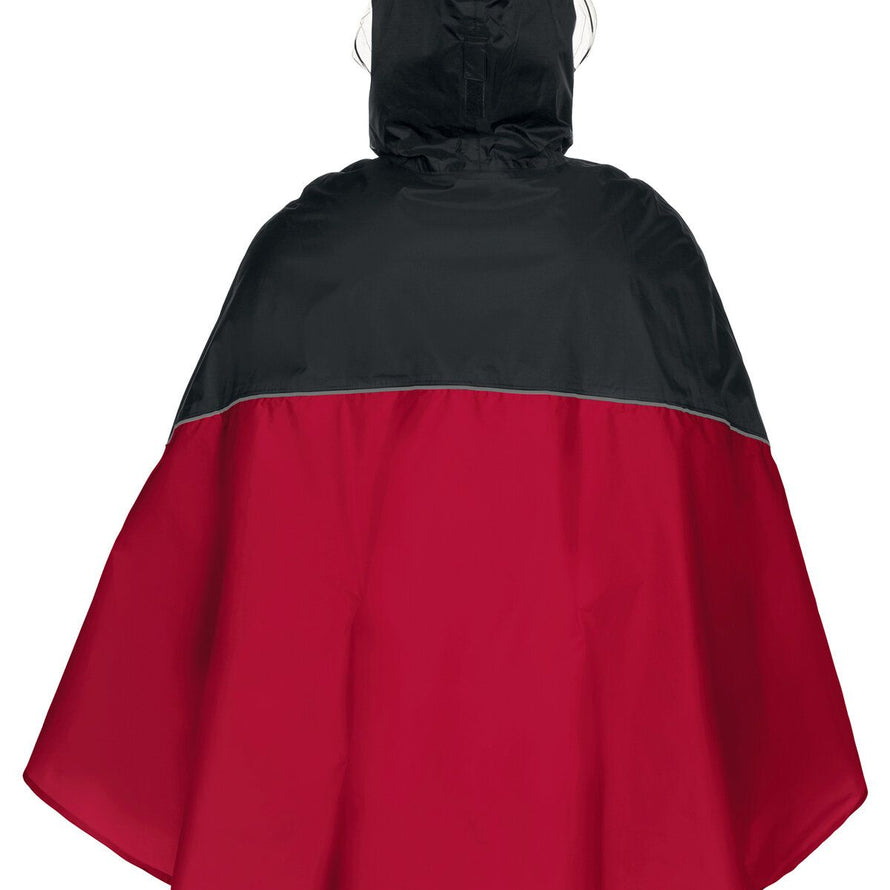 Vue arrière du poncho de pluie vélo Vaude Covero II rouge et noir avec liseré réfléchissant