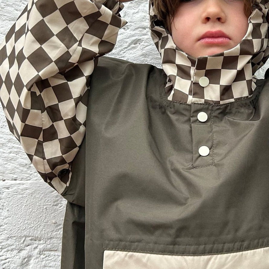 Poncho vélo enfant fun Poule Party kaki damiers