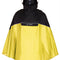 Vue avant du poncho vélo Vaude Covero II jaune et noir avec capuche, poche frontale et ouvertures pour les mains