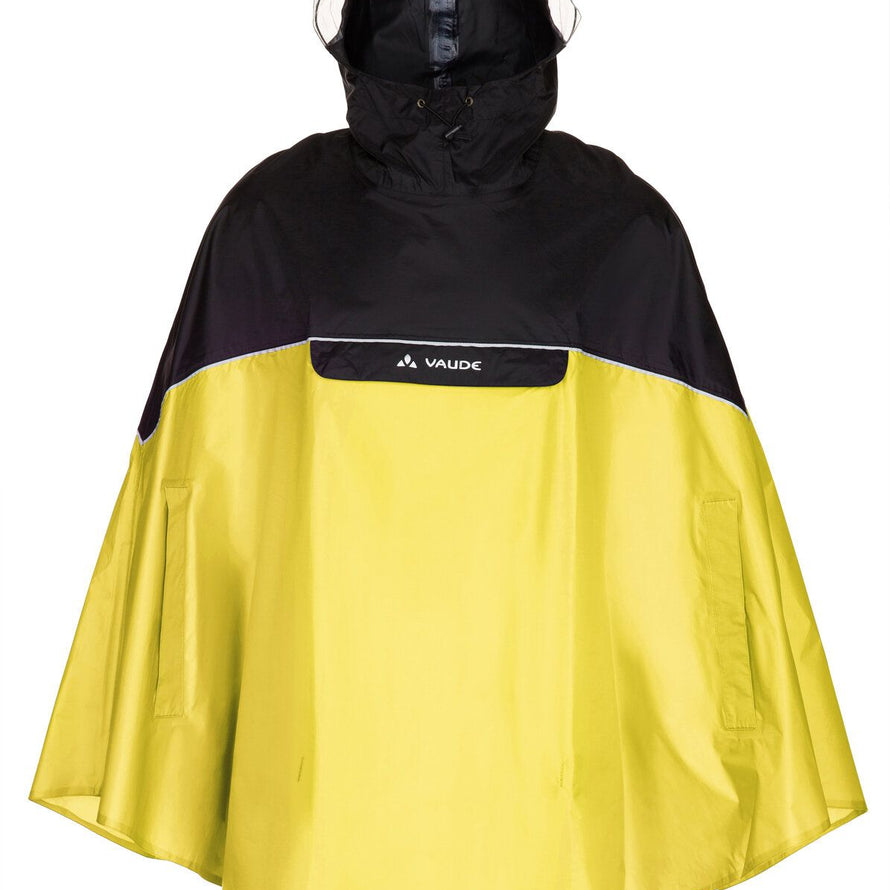 Vue avant du poncho vélo Vaude Covero II jaune et noir avec capuche, poche frontale et ouvertures pour les mains