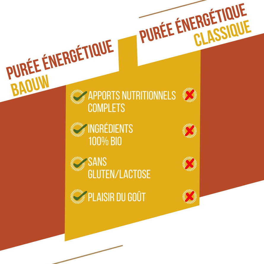 Purée énergétique Baouw Mangue Passion Gingembre 90g, bio, sans gluten ni lactose, pour cyclistes