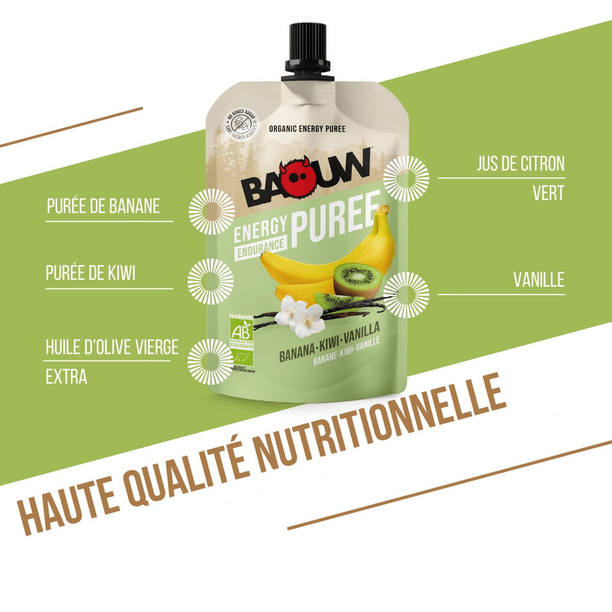 Purée énergétique bio Baouw banane kiwi vanille 90g riche en nutriments pour cyclistes et sportifs exigeants