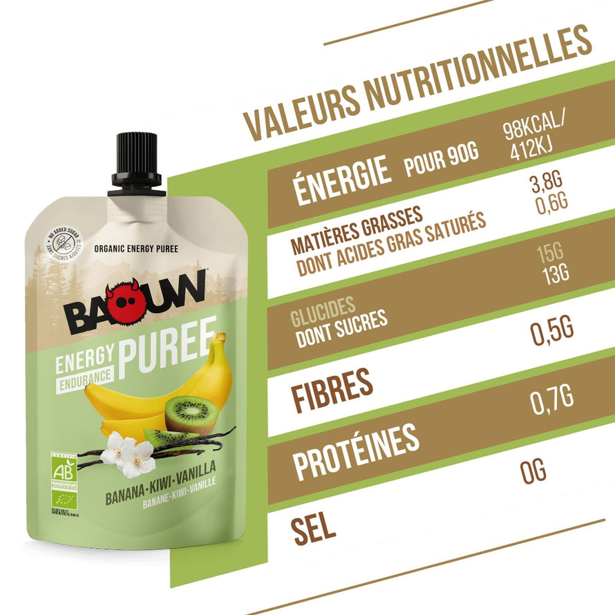 Purée énergétique bio Baouw banane kiwi vanille 90g idéale pour cyclistes et sportifs endurance
