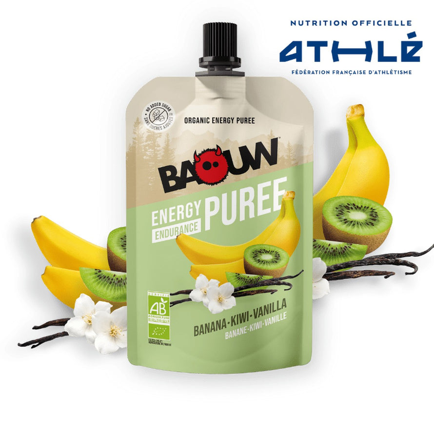 Purée énergétique bio Baouw mangue passion gingembre 90g pour cyclistes et sportifs en quête d'endurance naturelle