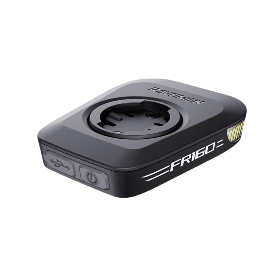 Eclairage avant vélo Ravemen FR160 de la marque Racer compatible supports Garmin et Wahoo, compact et performant