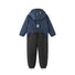 Combinaison softshell enfant Reima Mjosa bleu et noir avec capuche, imperméable et idéale pour les sorties en plein air