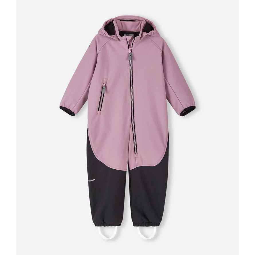 Combinaison softshell enfant Reima Mjosa rose et noir avec fermeture éclair, idéale pour protéger du vent et de la pluie