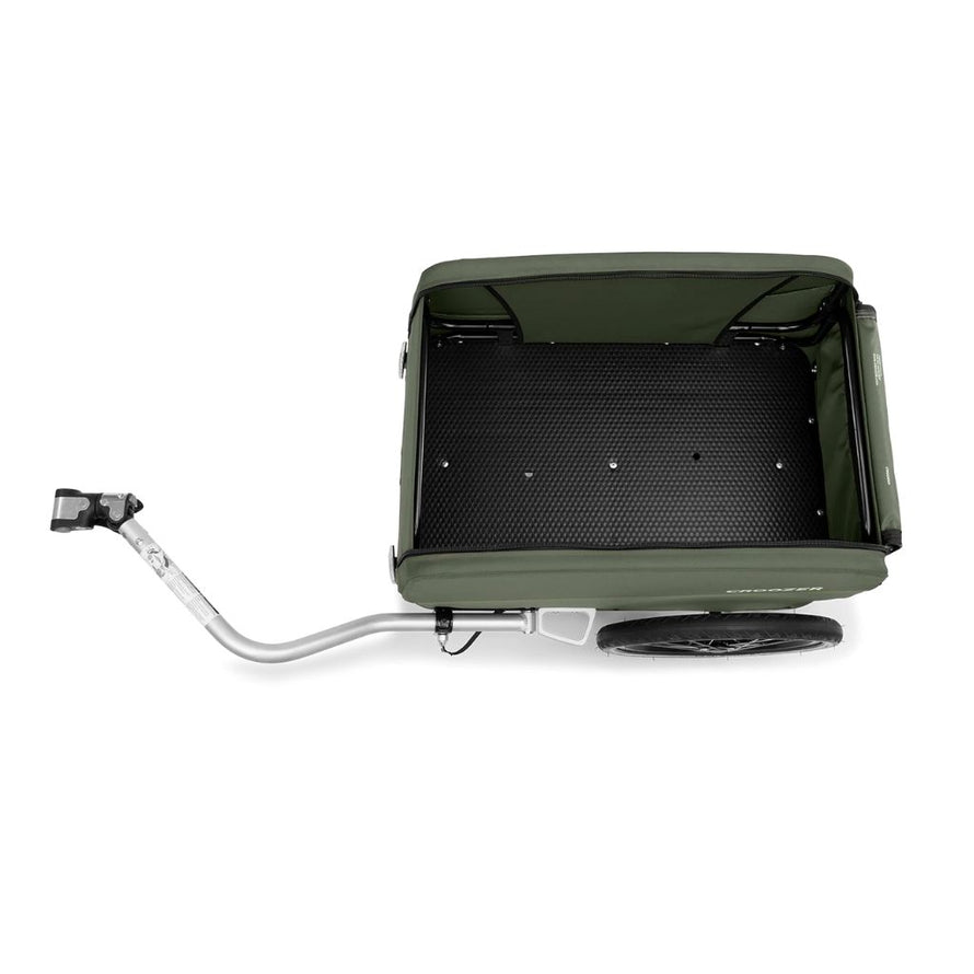 Intérieur de la remorque cargo Croozer Kalle montrant son large espace de chargement.