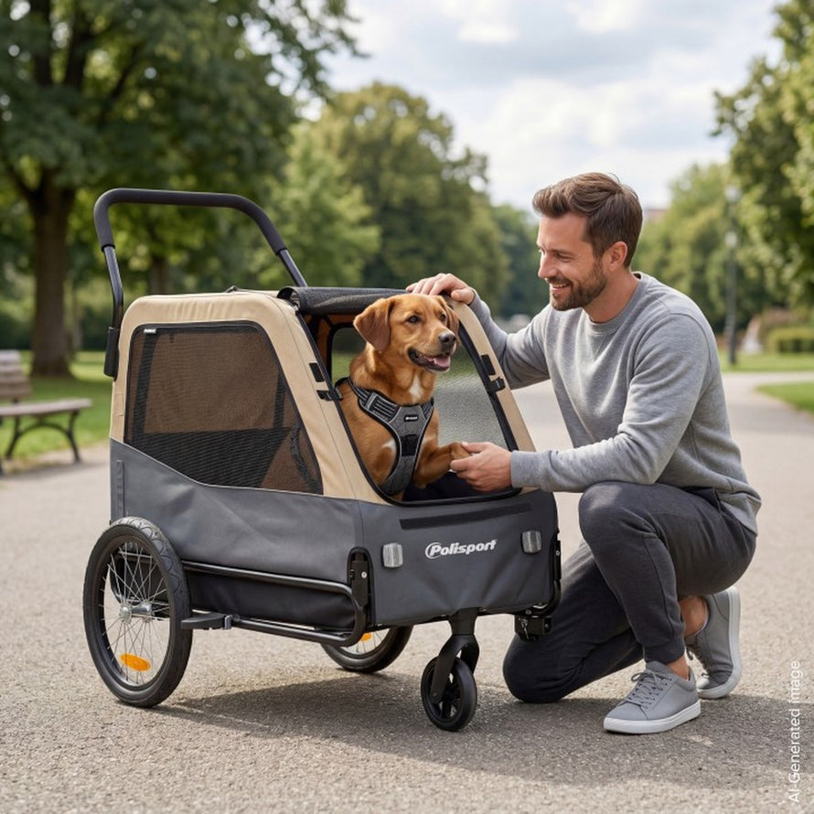 Remorque vélo chien Polisport 2-en-1 confortable et sécurisée pour animaux jusqu'à 45 kg, idéale pour balades en ville ou campagne