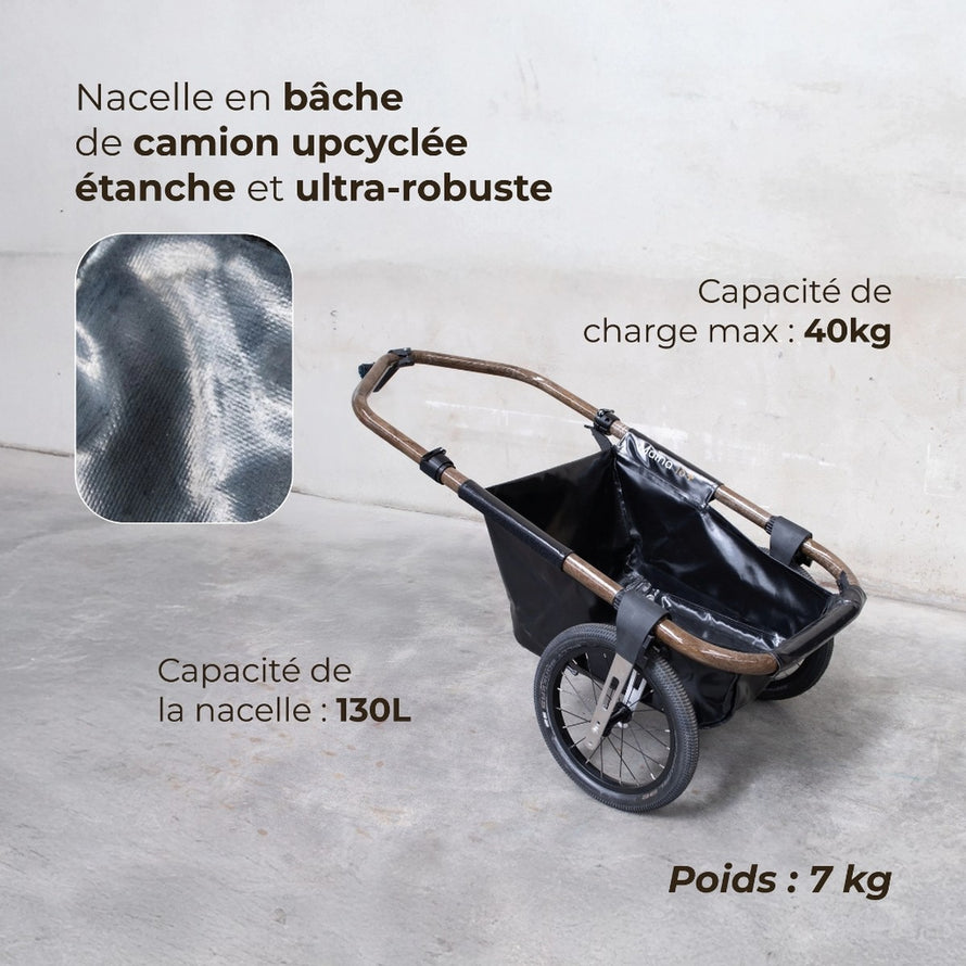 Remorque vélo Globe for you Maïna 16+ avec nacelle en bâche étanche, ultra-robuste, capacité 40kg et volume 130L