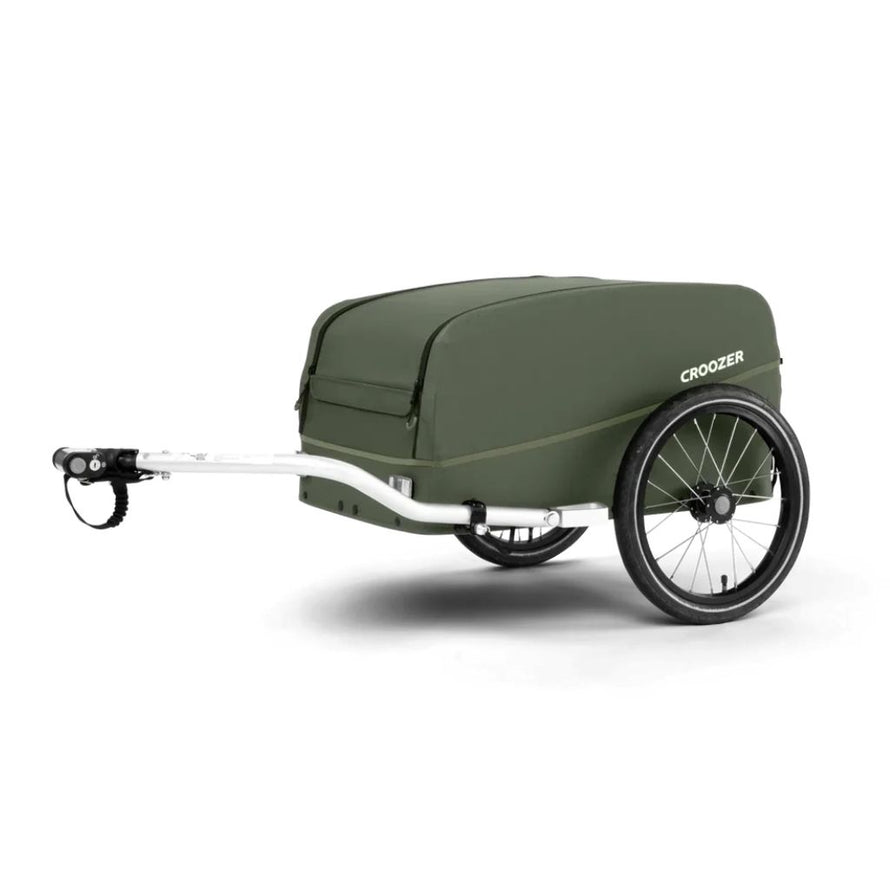 Remorque vélo Croozer Kalle vue de côté, attelage prêt à être fixé au vélo.