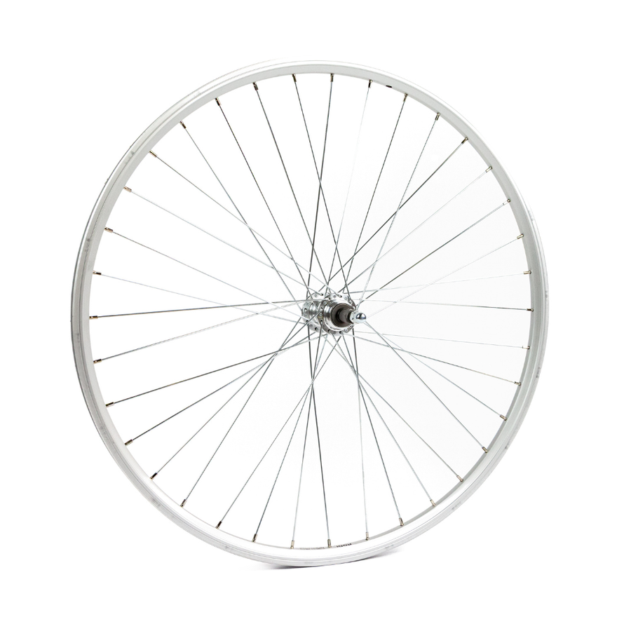 Roue arrière vélo 28 pouces avec jante aluminium 36 rayons et axe à écrous, moyeu fileté pour roue libre 1 à 7 vitesses, idéale pour VTC et vélo de ville.