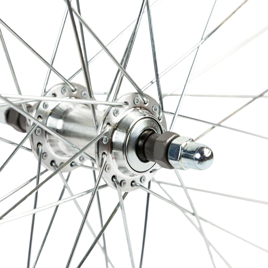 Roue arrière vélo 28 pouces avec jante aluminium 36 rayons et axe à écrous, moyeu fileté pour roue libre 1 à 7 vitesses, idéale pour VTC et vélo de ville.