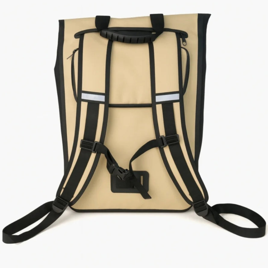Sac à dos convertible vélo Badawin Moh 25 L beige noir vue dos avec bretelles ajustables et poignée