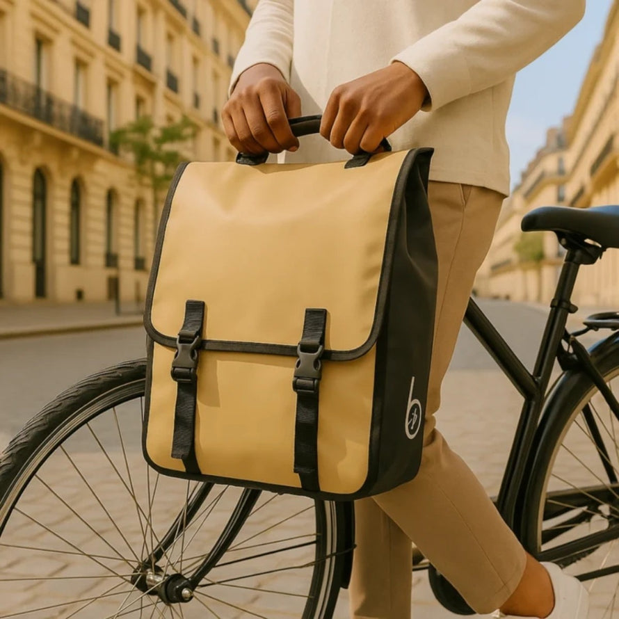 Sac à dos convertible vélo Badawin Moh 25 L beige noir, pratique et stylé pour les trajets urbains à vélo