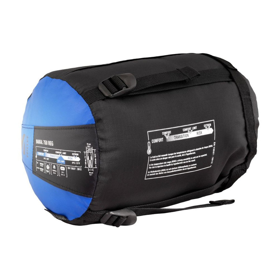 Sac de couchage Baikal 750 Millet bleu en sac de compression, idéal pour randonnée et camping léger