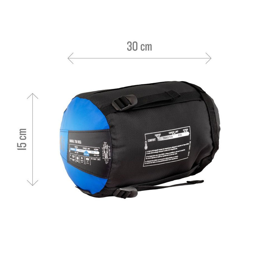 Sac de couchage Baikal 750 Millet bleu en sac de compression compact pour randonnée et camping outdoor