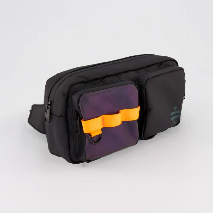 Sacoche banane vélo réfléchissante Urban Circus noire avec poche violette et sangle orange pour cyclistes urbains
