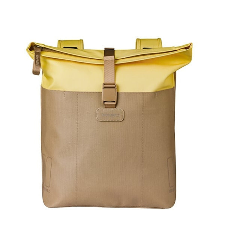 Sacoche double Basil Vive 35L beige et jaune, étanche et pratique pour porte-bagages vélo