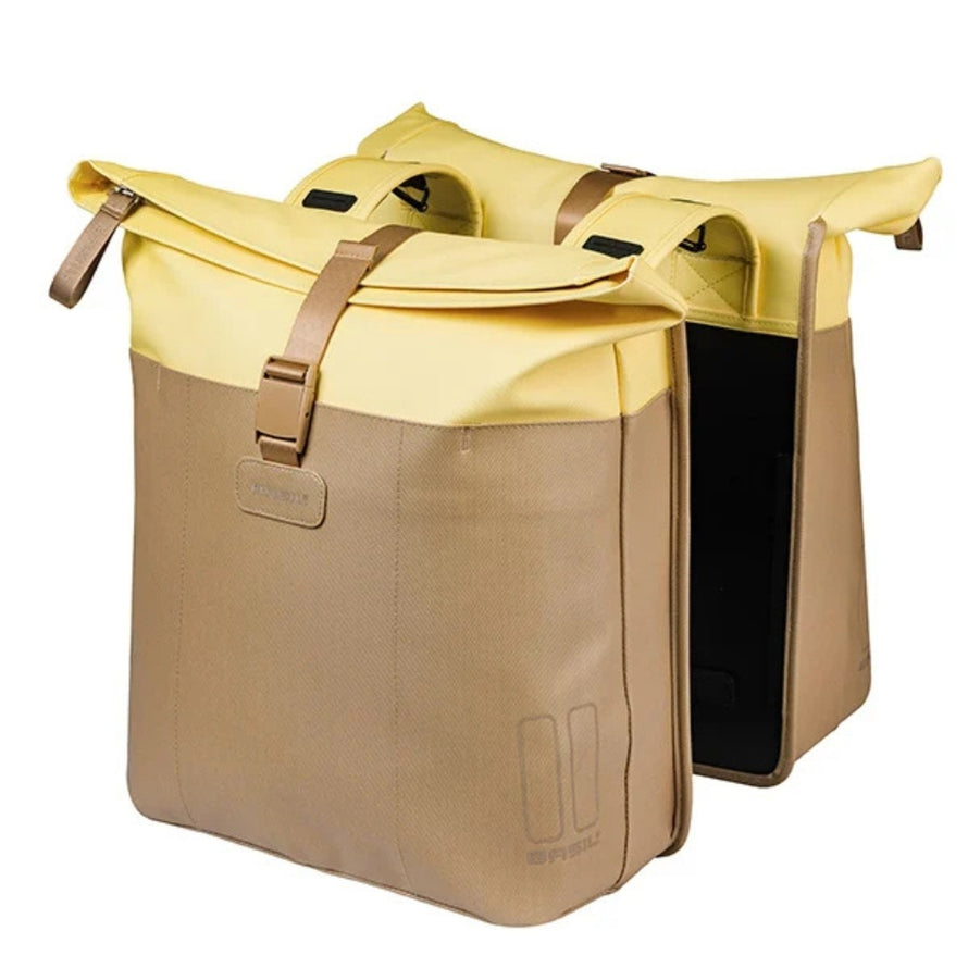 Sacoche double vélo Basil Vive 35L étanche beige et jaune pour porte-bagages, pratique et résistante
