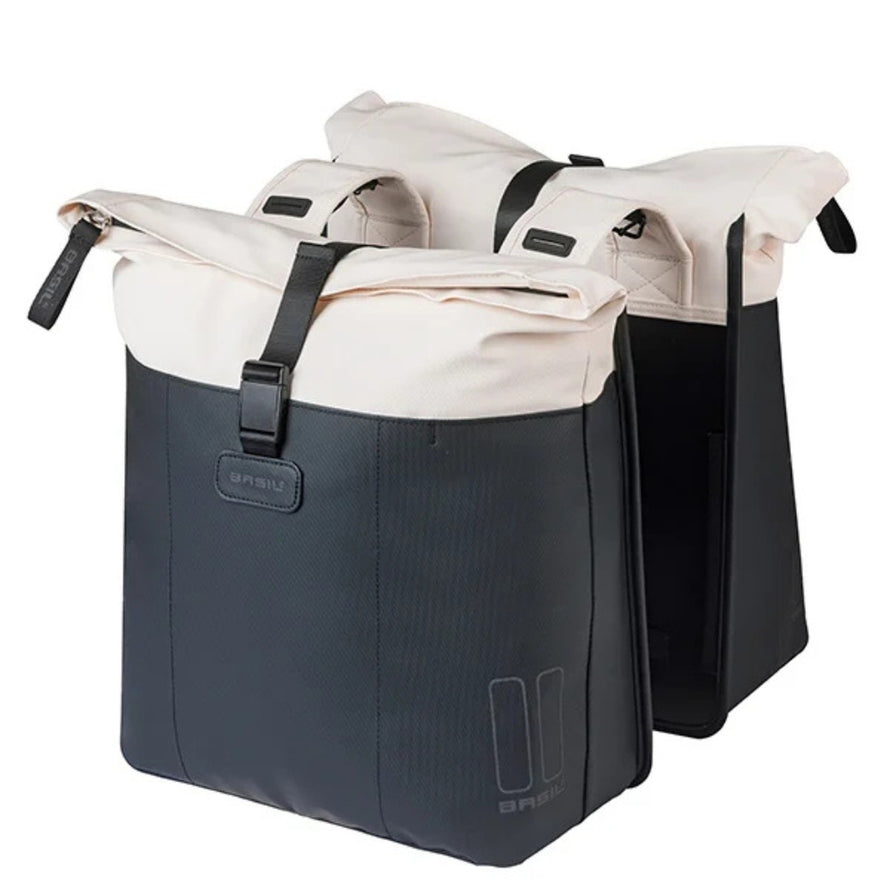Sacoche double vélo Basil Vive 35L noire et beige étanche pour porte-bagages, grande capacité et fixation solide