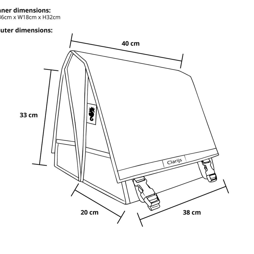 Dimensions de la sacoche double Clarijs Bike Bag 46L étanche pour vélo, robuste et pratique