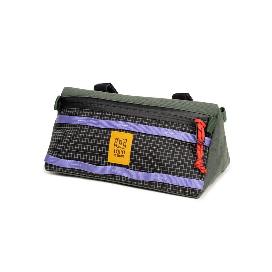 Sacoche de guidon vélo Topo Designs Bike Bag 3L noire avec liserés violets et fermeture éclair rouge