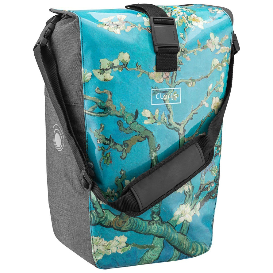 Sacoche vélo arrière Clarijs SoloBag 24L étanche et recyclée bleu à motif floral pour cyclistes urbains