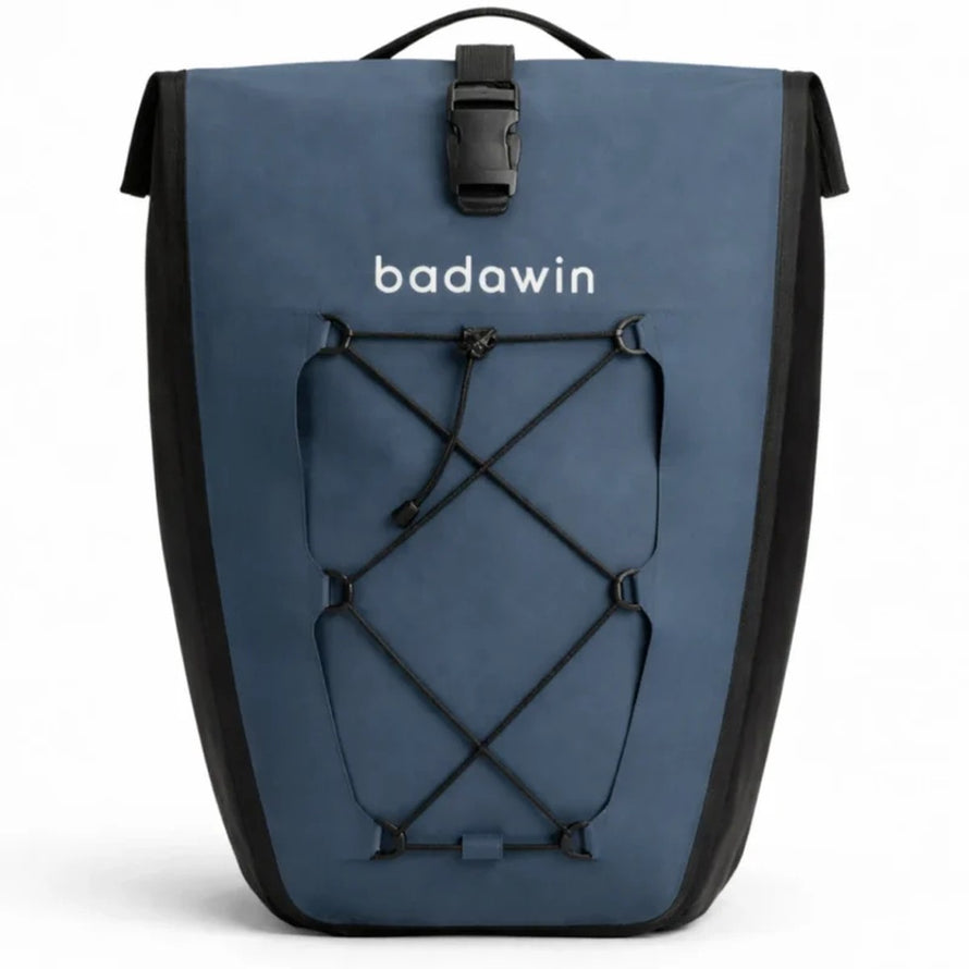 Sacoche vélo Badawin Hind 25L bleue, porte-bagages convertible en bandoulière, idéale pour trajets urbains