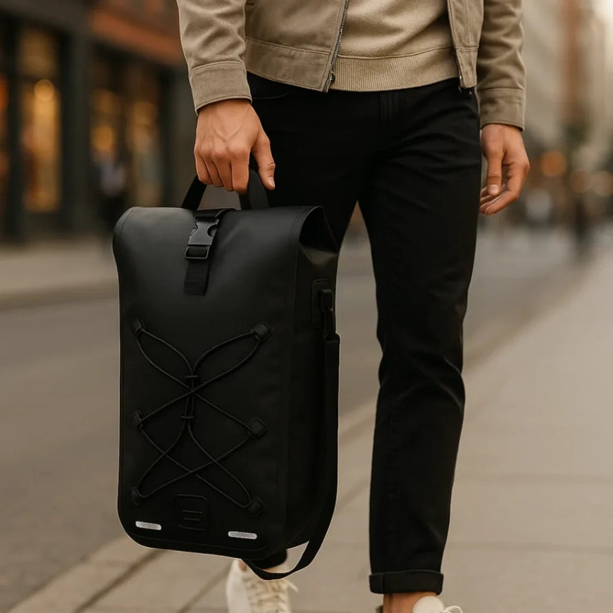 Sacoche vélo Badawin Hind 25L noire, porte-bagages convertible en bandoulière, design urbain et fonctionnel